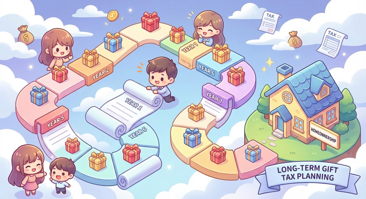 10년에 걸쳐 분할 증여하여 세금을 절약하는 과정을 보여주는 인포그래픽.