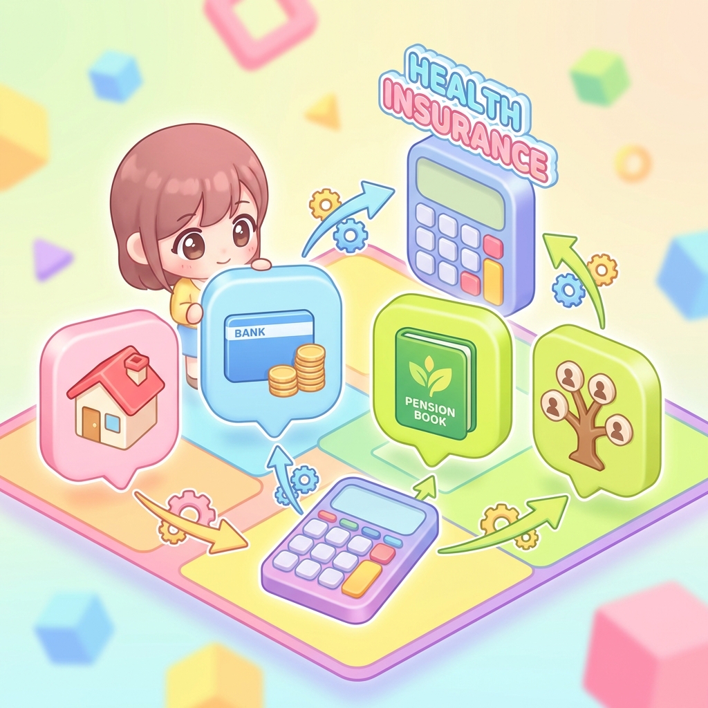 퇴직자 건강보험료 산정 기준인 재산, 소득, 가족관계를 나타내는 인포그래픽