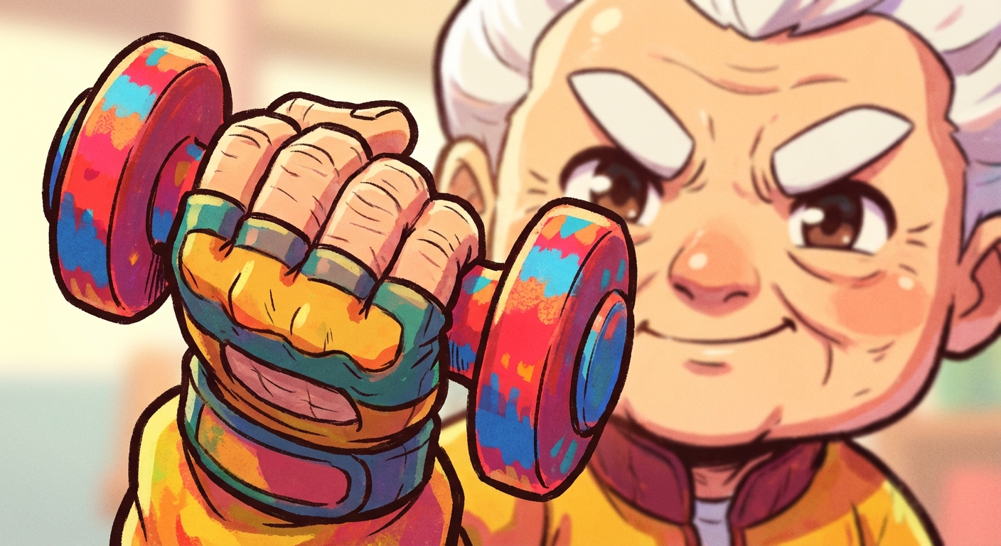 근력 운동의 중요성을 보여주는, 덤벨을 든 시니어의 손