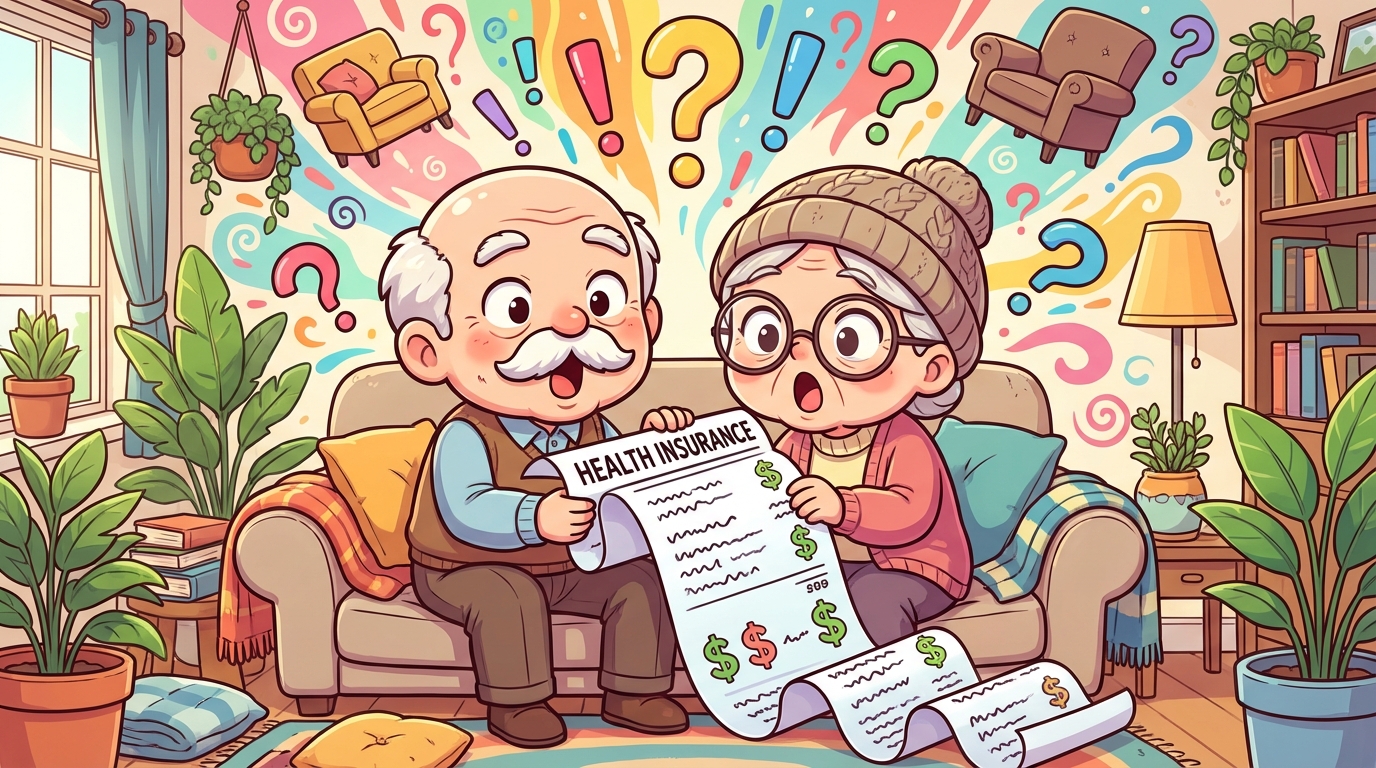 퇴직 후 건강보험료 고지서를 보고 놀라는 노부부의 모습
