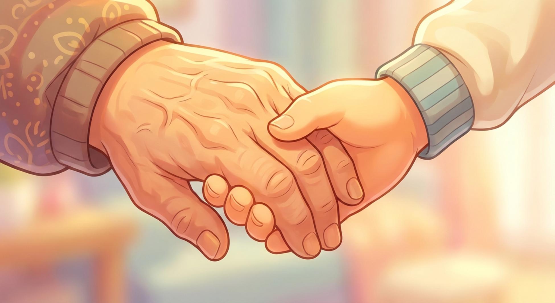 젊은 자녀가 어르신의 손을 따뜻하게 잡아주는 모습