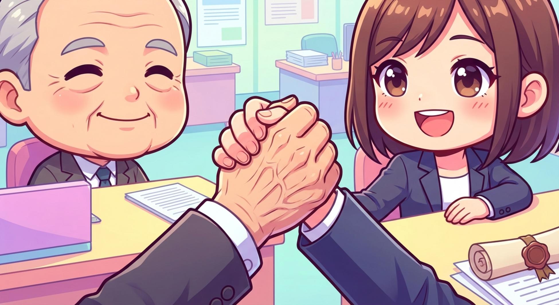 시니어 지원자가 취업에 성공하여 악수하는 장면