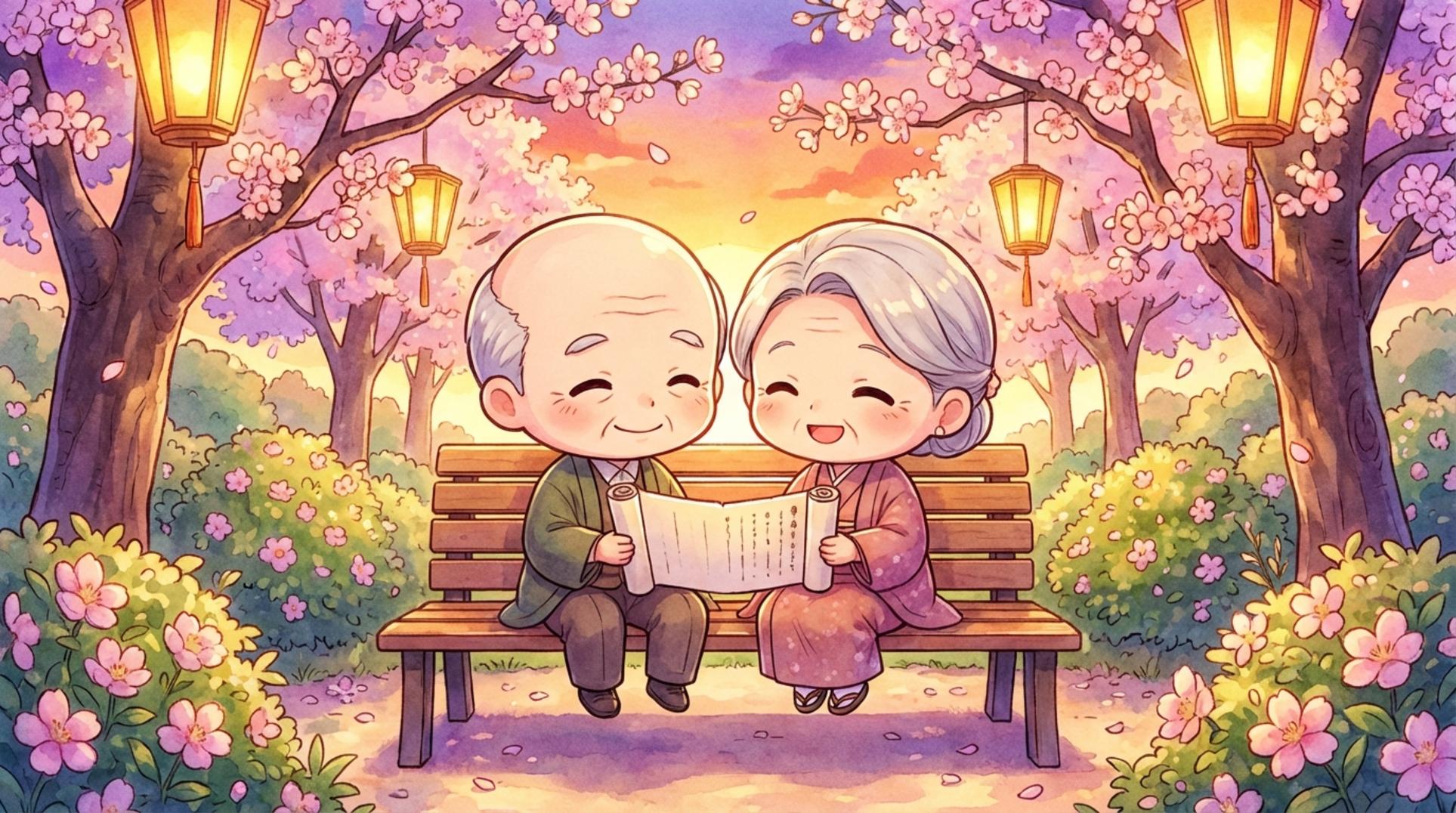 공원 벤치에 앉아 사전연명의료의향서를 함께 살펴보는 노부부