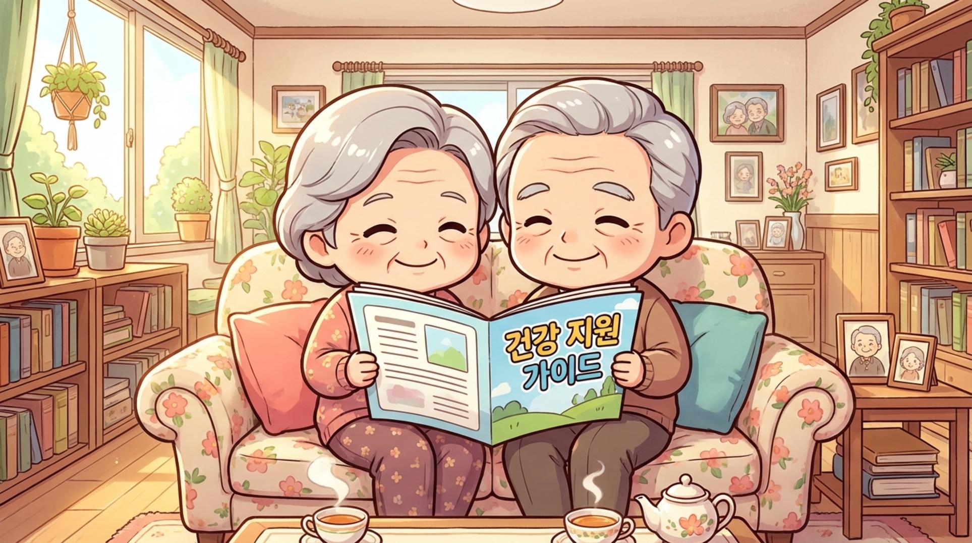 동작구 치매 의료비 지원 안내문을 보며 기뻐하는 할머니와 할아버지