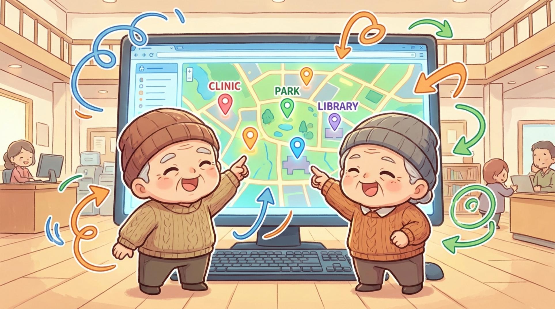 장기요양기관 평가결과를 컴퓨터로 찾아보는 노부부