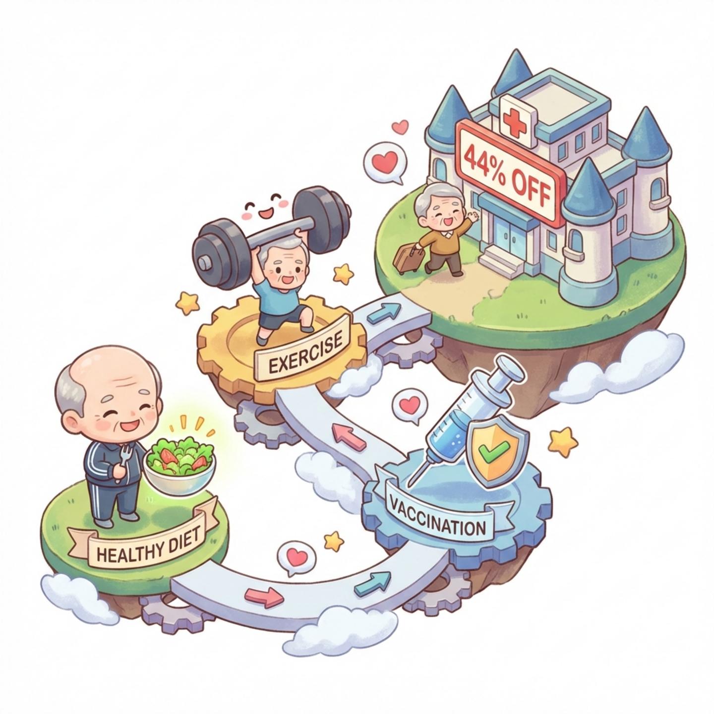 5060 건강 관리 5가지 핵심 요약. 식단, 운동, 예방접종, 생활 습관, 건강검진 할인을 아이콘으로 표현한 인포그래픽.
