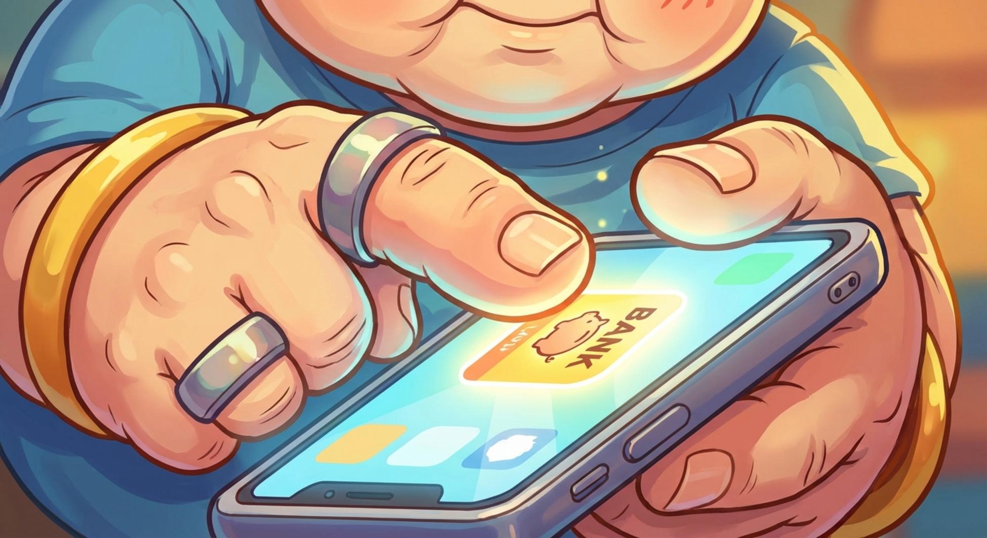 시니어 남성이 스마트폰의 모바일 뱅킹 앱을 사용하려는 손가락 클로즈업 이미지.