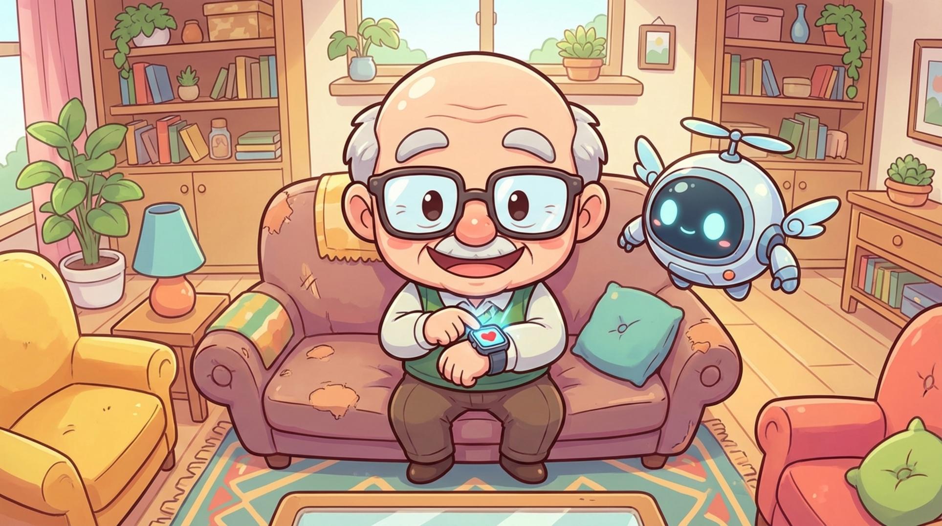 AI 건강 코치의 도움을 받아 스마트워치로 건강을 확인하는 시니어 남성