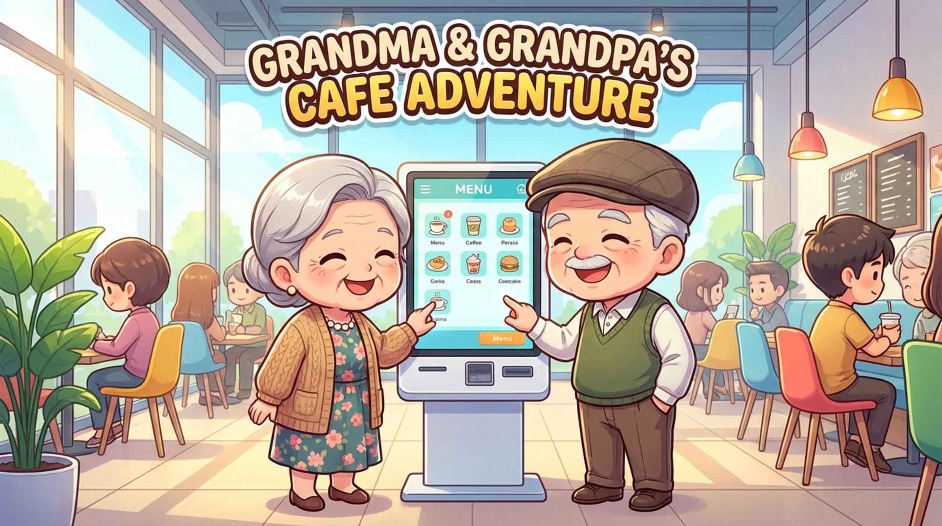 한 시니어 부부가 카페 키오스크 앞에서 활짝 웃으며 화면을 터치하고 있다.