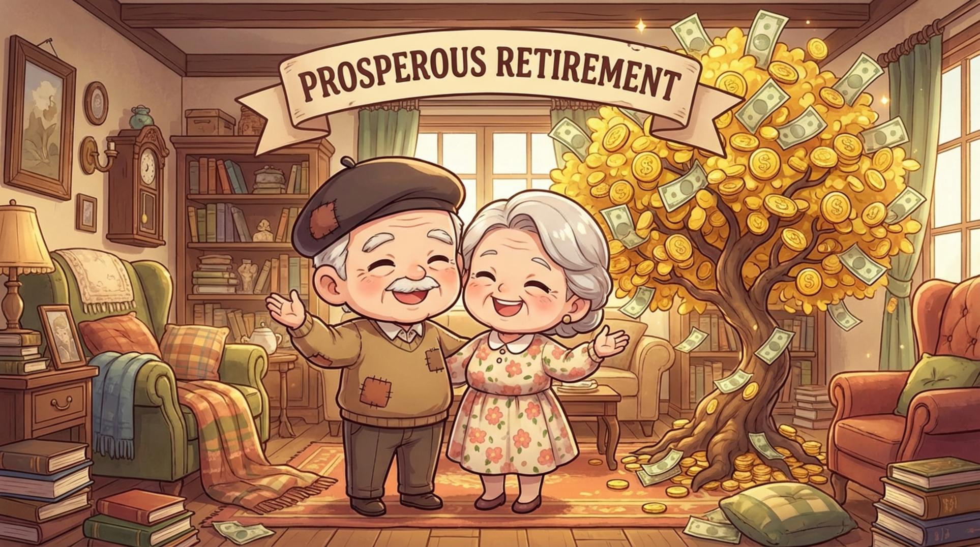 행복한 노부부가 노후 자금 계획을 세우는 모습