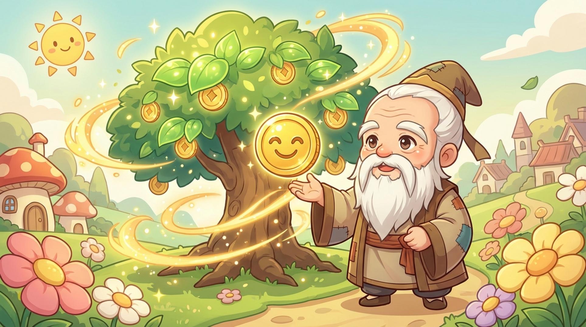 현명한 할아버지가 황금 동전이 열리는 돈나무 앞에서 웃으며 은퇴 설계를 설명하는 모습