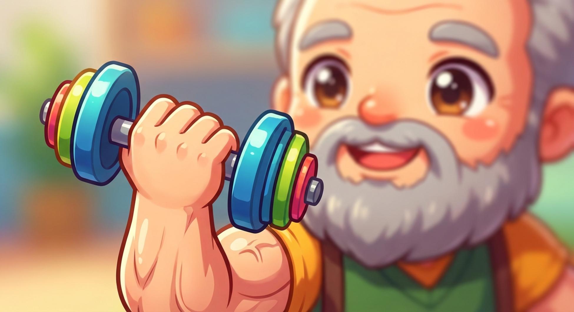 한 남성이 아령을 들고 근력 운동을 하고 있는 모습, 근감소증 예방의 중요성을 보여줌