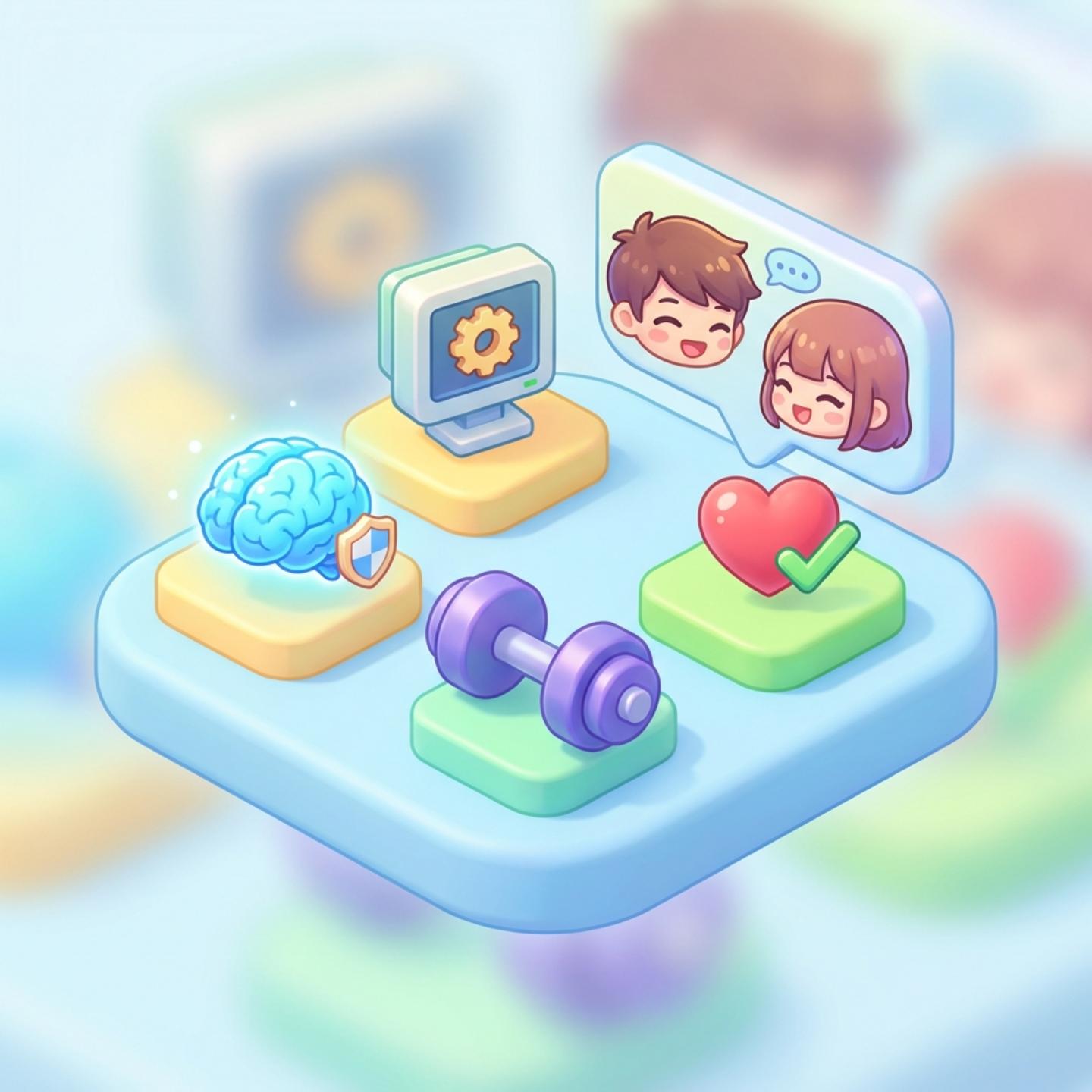 치매 예방을 위한 5가지 핵심 요소(뇌, 컴퓨터, 아령, 건강체크, 사회활동)를 나타낸 인포그래픽