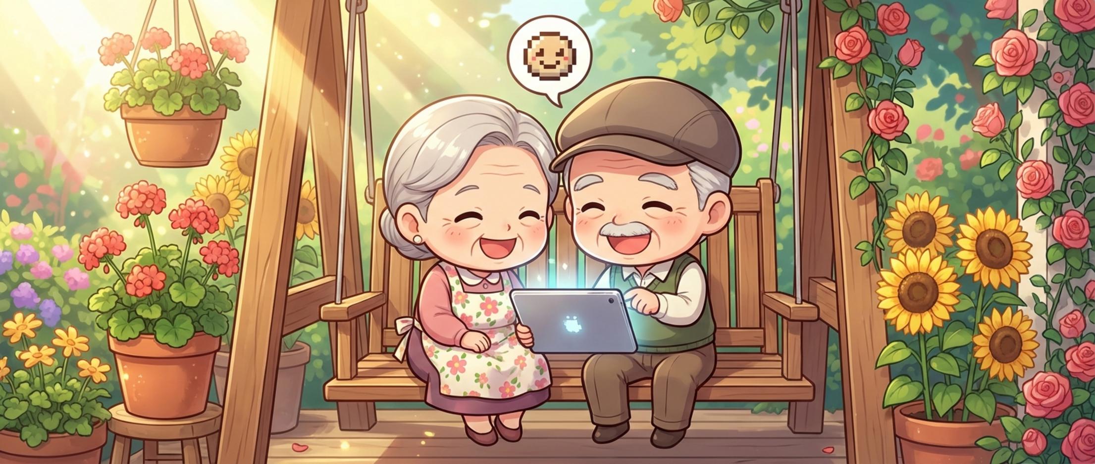 한 노부부가 태블릿 PC를 함께 보며 웃고 있는 모습, 인지 예비능 강화를 상징함