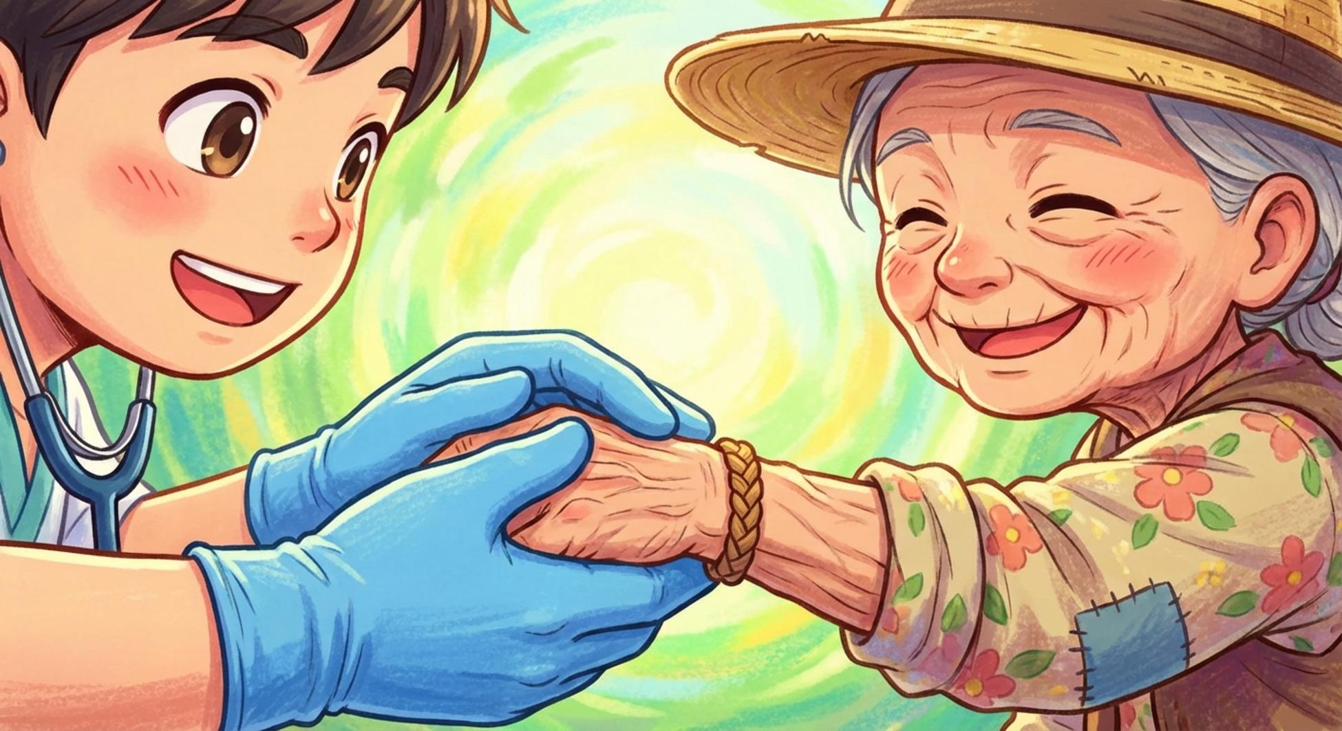 의사가 여성농업인의 손목을 진찰하는 모습