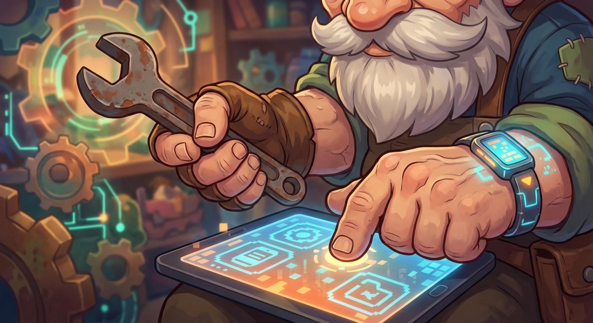 중장년의 손이 한쪽은 전통적인 공구를, 다른 한쪽은 최신 태블릿을 다루는 모습