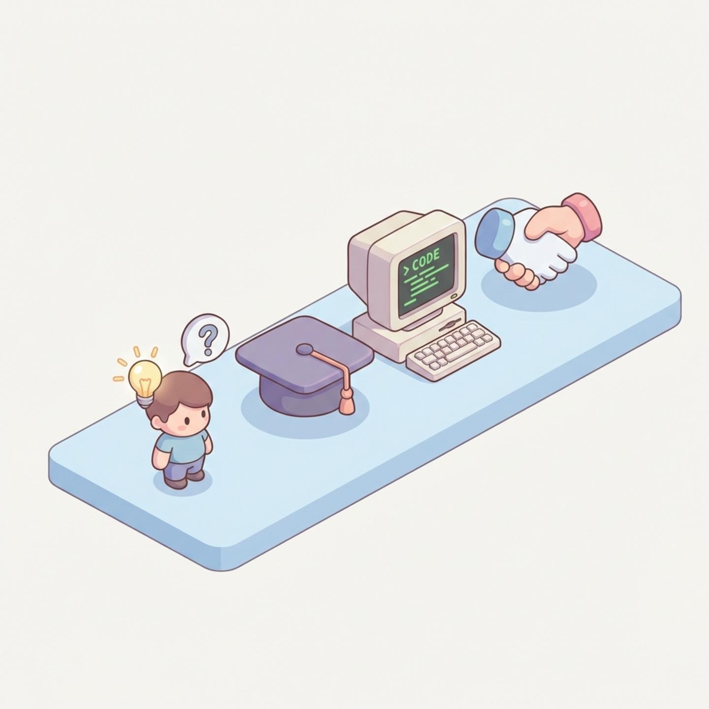 중장년 재취업 성공 4단계(진단, 교육, 기술, 취업)를 나타내는 인포그래픽 아이콘