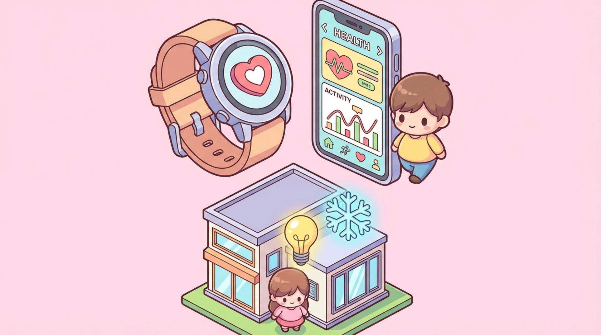 스마트 워치와 스마트폰, 스마트홈이 연결된 디지털 헬스케어 인포그래픽