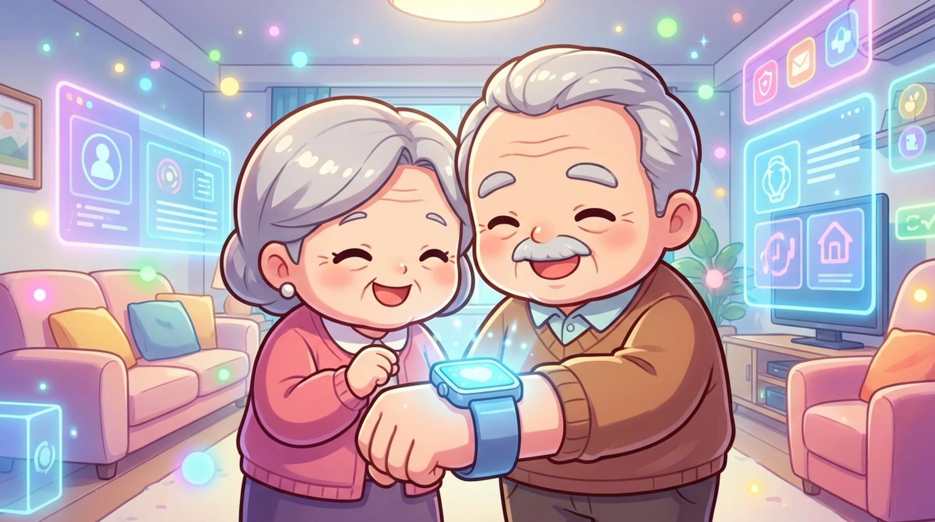 AI 주치의와 함께 스마트워치를 보며 웃고 있는 노부부