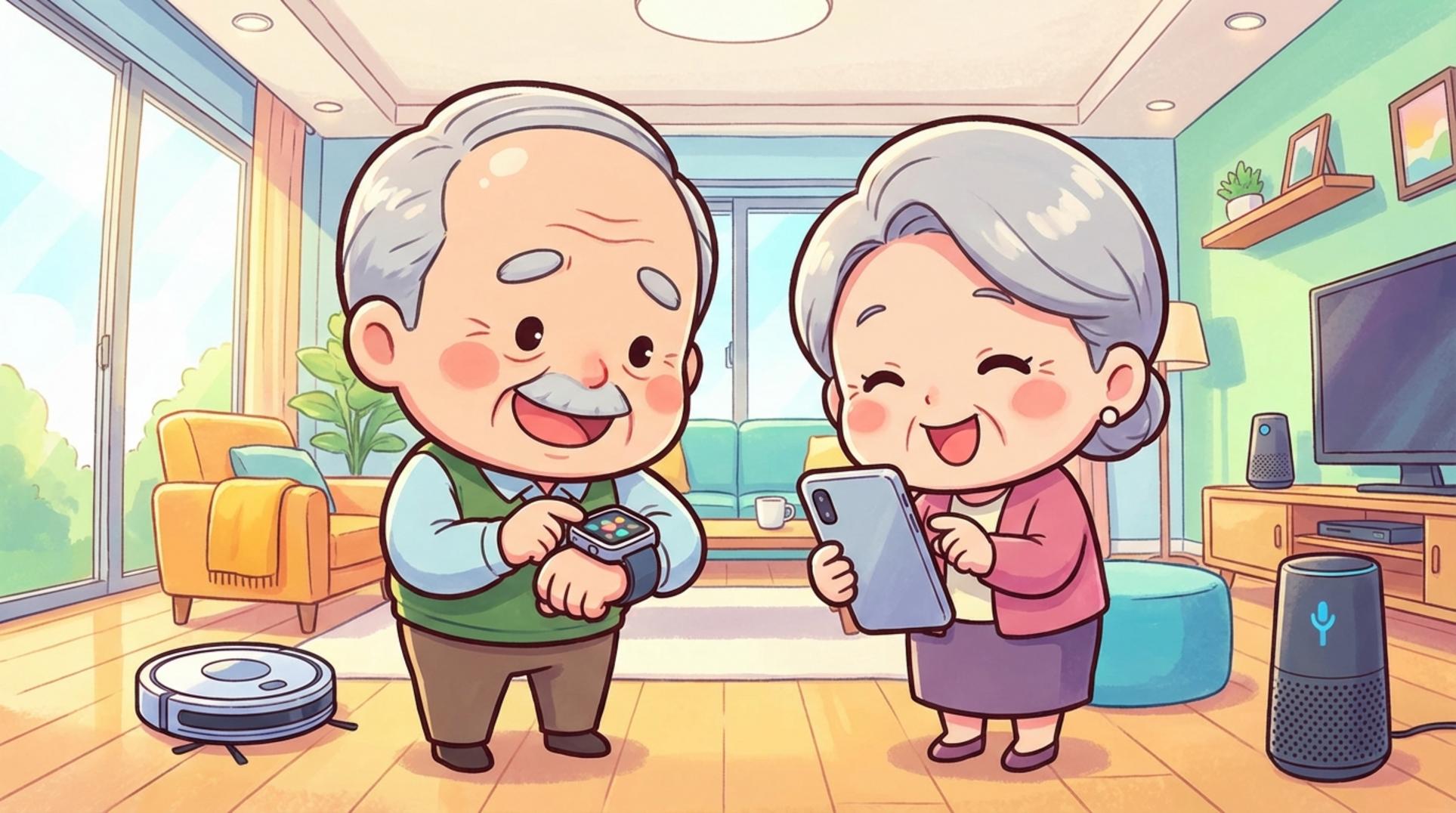 삼성전자와 KB라이프 협력으로 스마트폰과 갤럭시 워치를 보며 미소짓는 시니어 부부