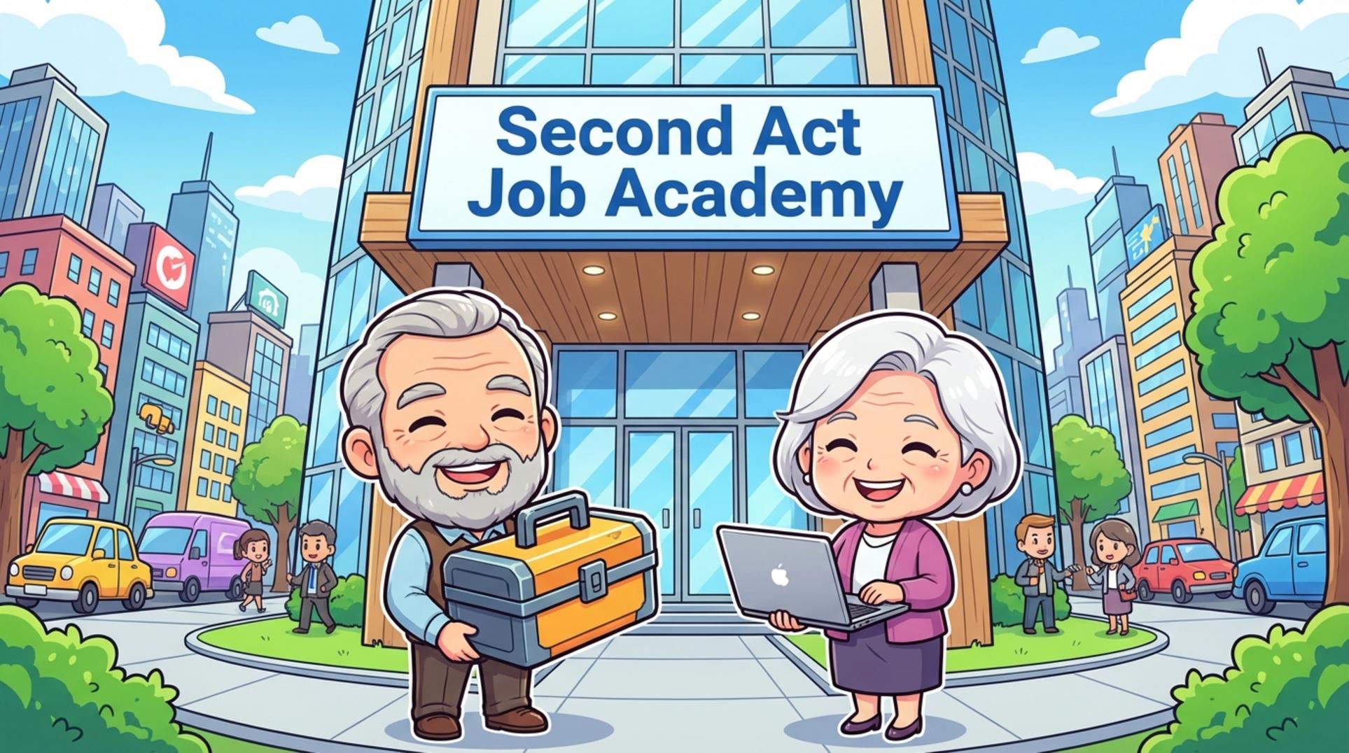 정부 지원 중장년 취업사관학교 앞에서 새로운 시작을 다짐하는 시니어 부부