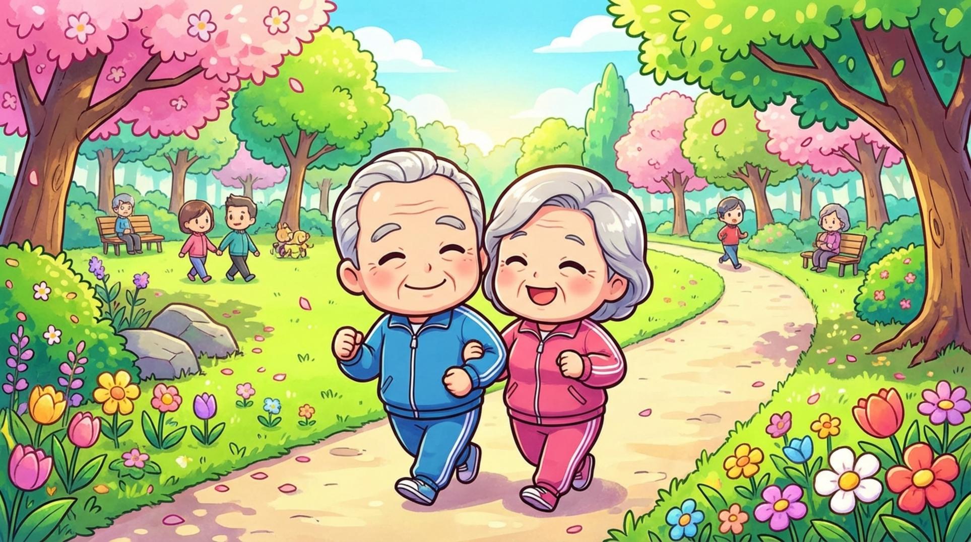 활기차게 공원을 달리는 건강한 중장년 부부