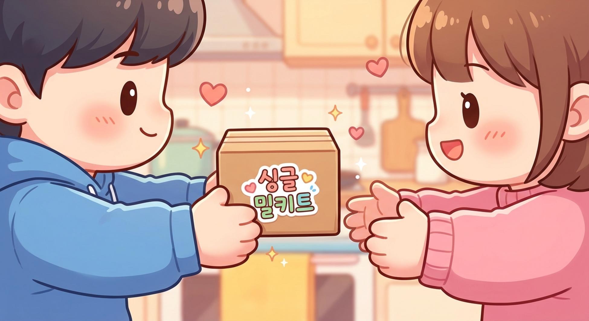 한 사람이 다른 사람에게 밀키트 상자를 건네주는 손 클로즈업