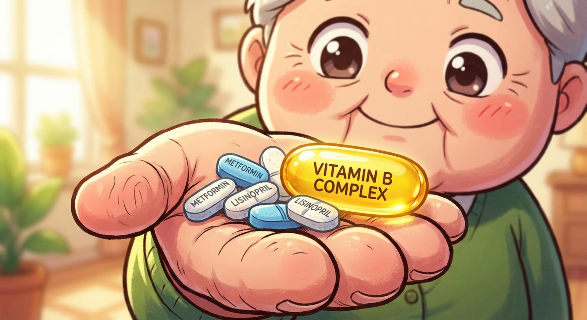 고혈압, 당뇨약과 함께 비타민B 영양제를 챙기는 모습