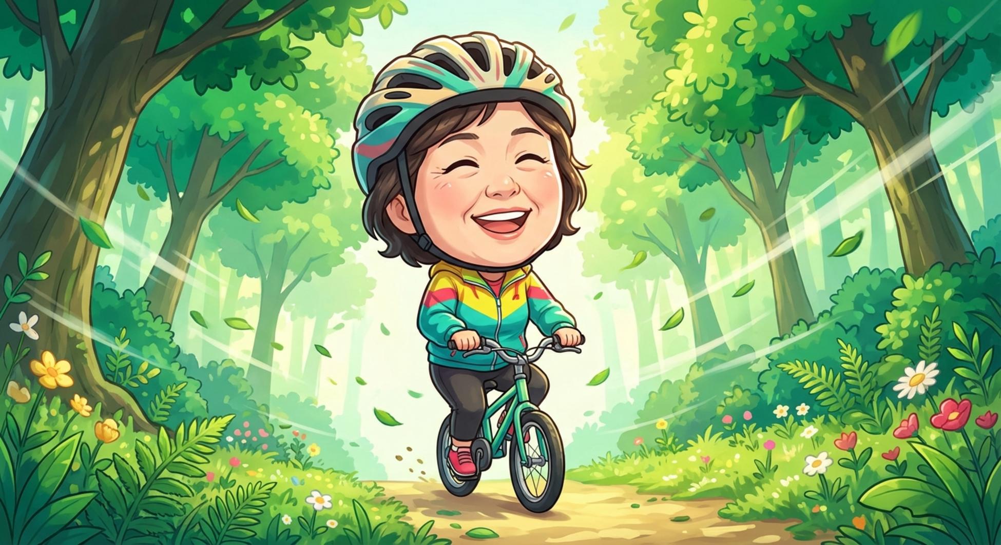 활기차게 자전거를 타며 18kg 감량에 성공한 50대 여성의 모습