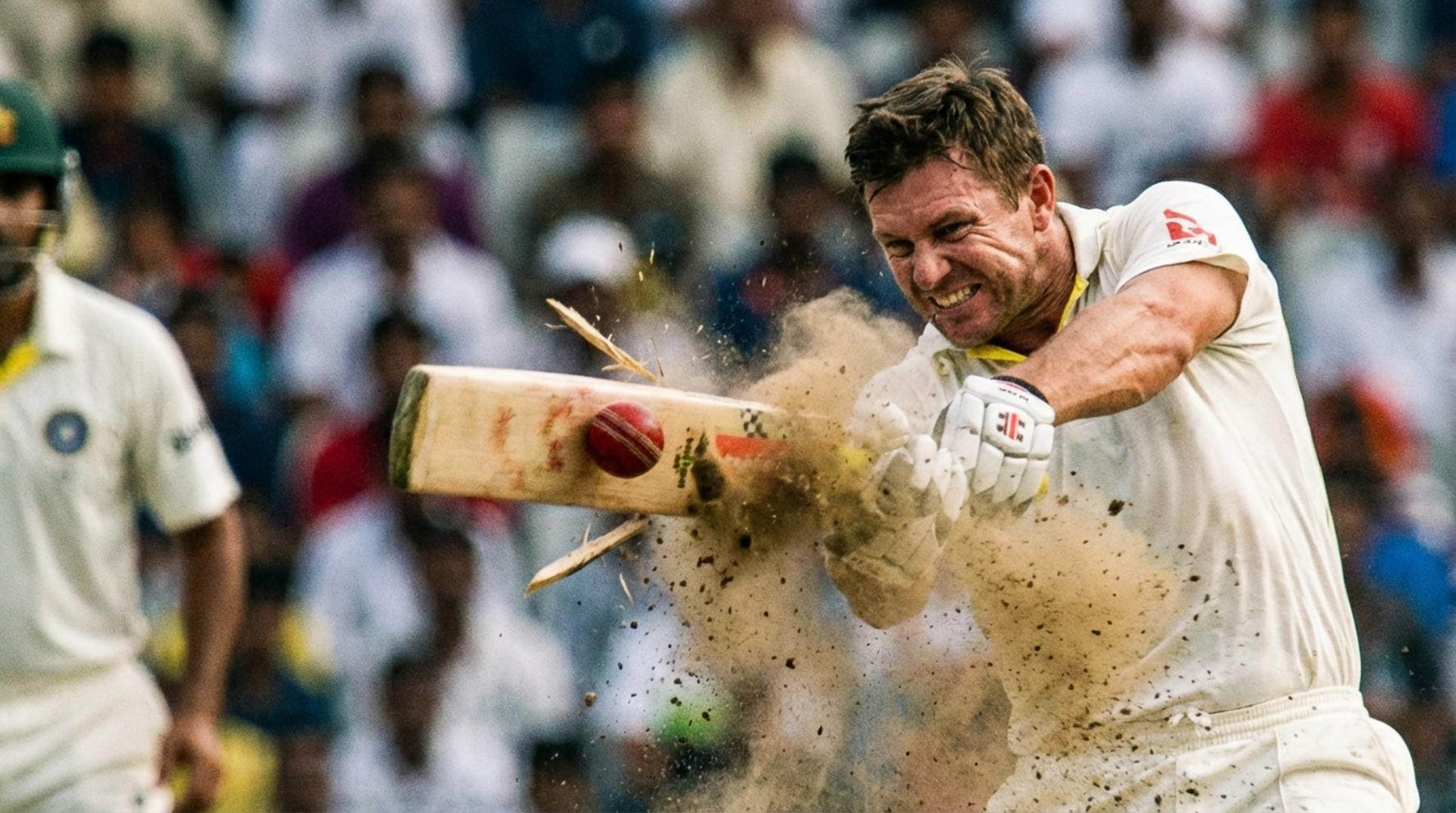 역동적으로 공을 치는 크리켓 타자