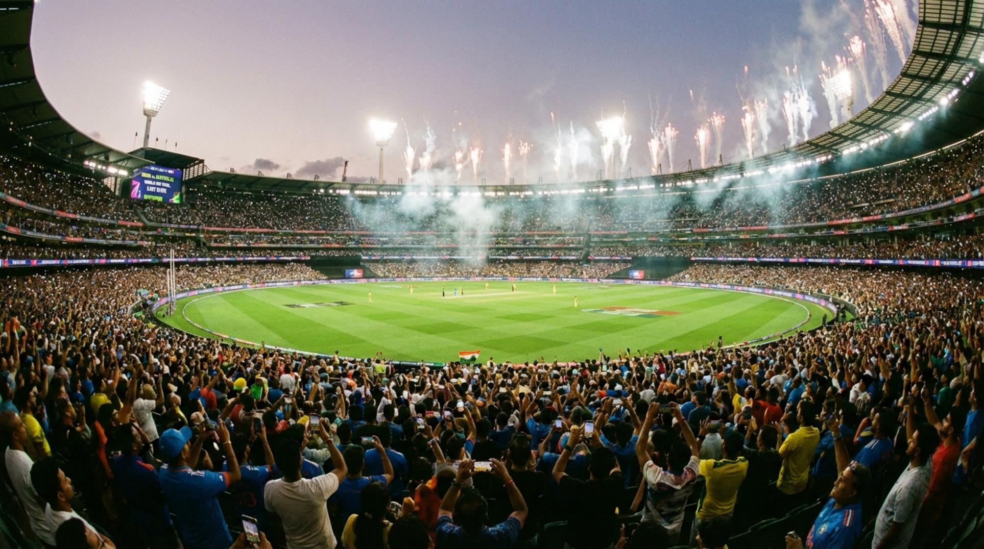 열광하는 관중으로 가득 찬 IPL 크리켓 경기장 야경