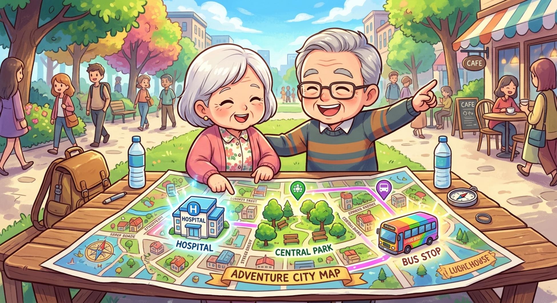 한 쌍의 노부부가 지역 지도에 표시된 무료 건강검진 센터와 운동 프로그램을 살펴보는 모습