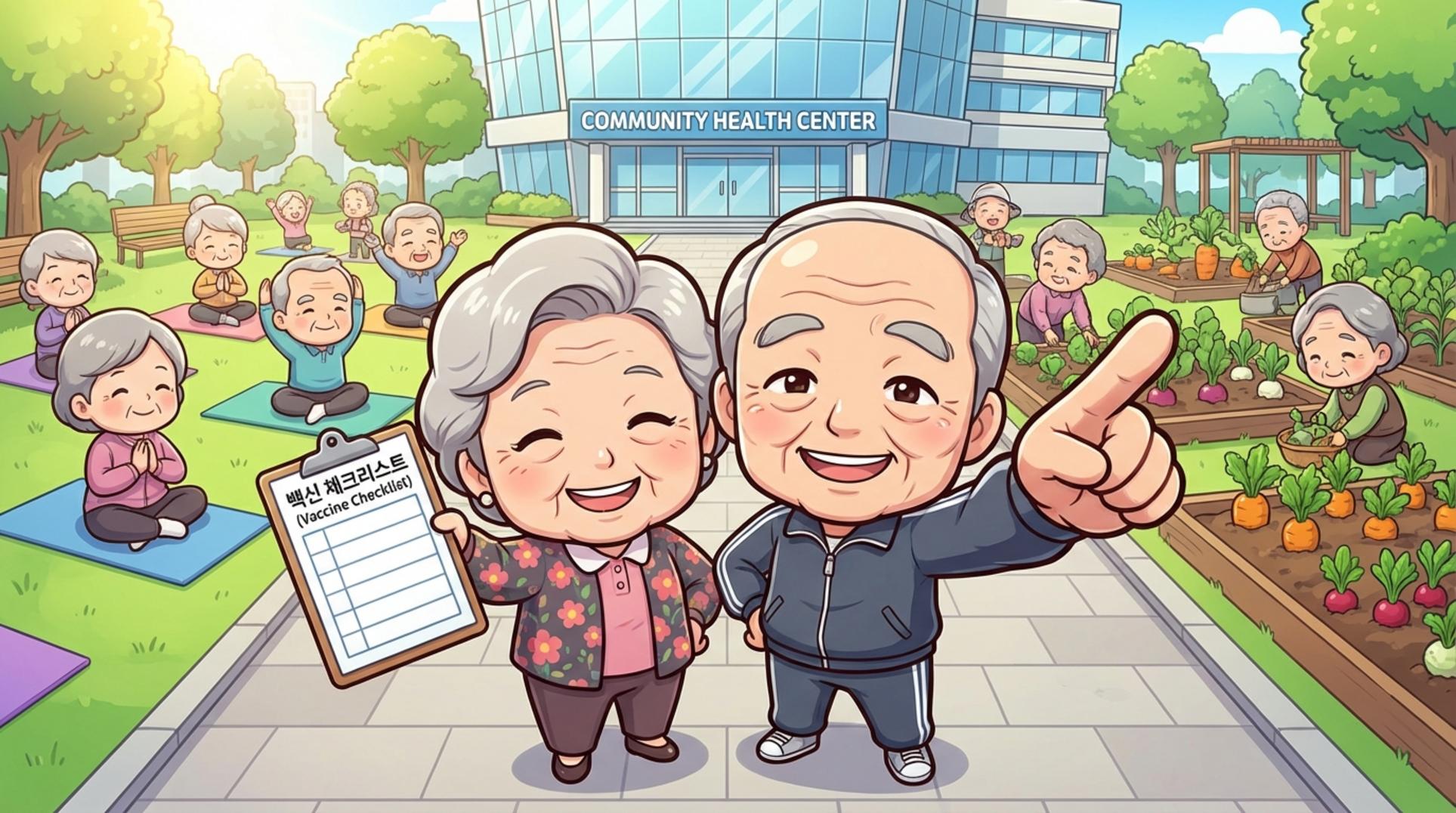 한 노부부가 시니어 건강 프로그램 안내서를 보며 활짝 웃고 있는 모습