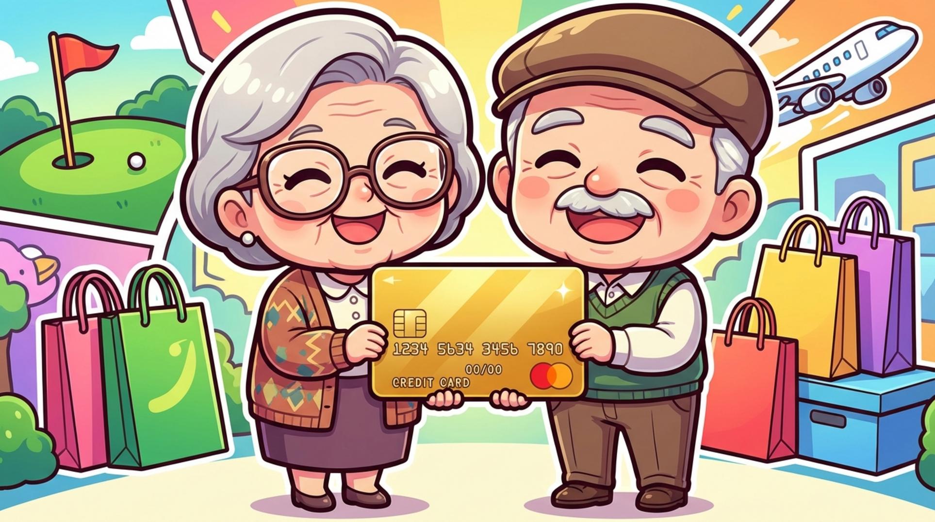 활짝 웃는 노부부가 액티브 시니어 혜택이 담긴 우리카드를 들고 있는 모습