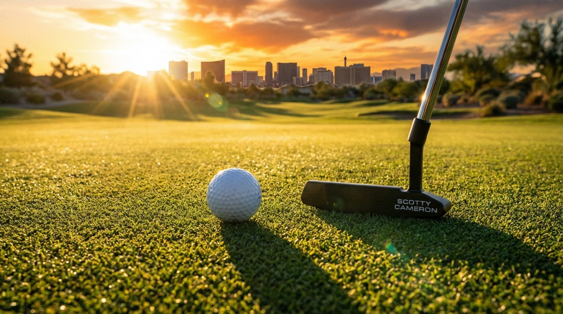 아침 햇살을 받은 골프장 그린 위의 골프공과 퍼터