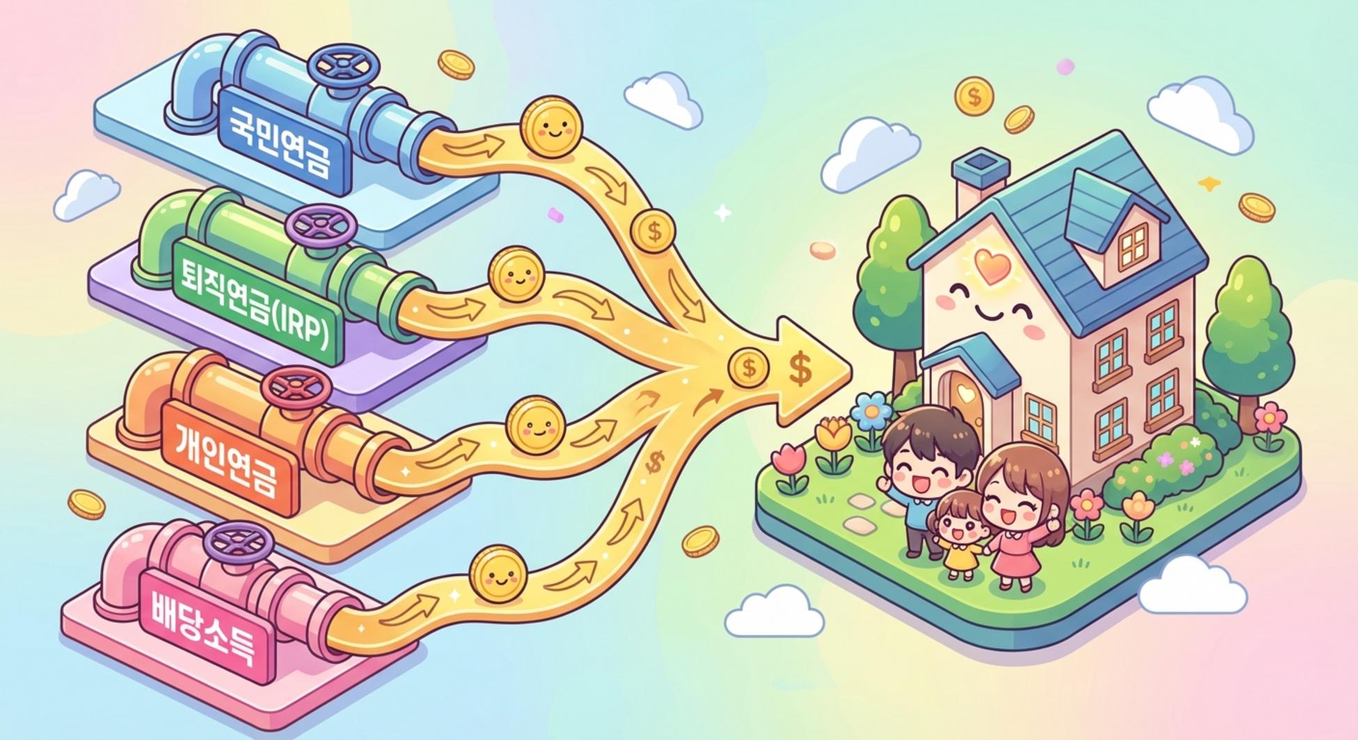 다양한 연금과 투자 소득이 하나의 월 현금흐름으로 합쳐지는 과정을 보여주는 인포그래픽