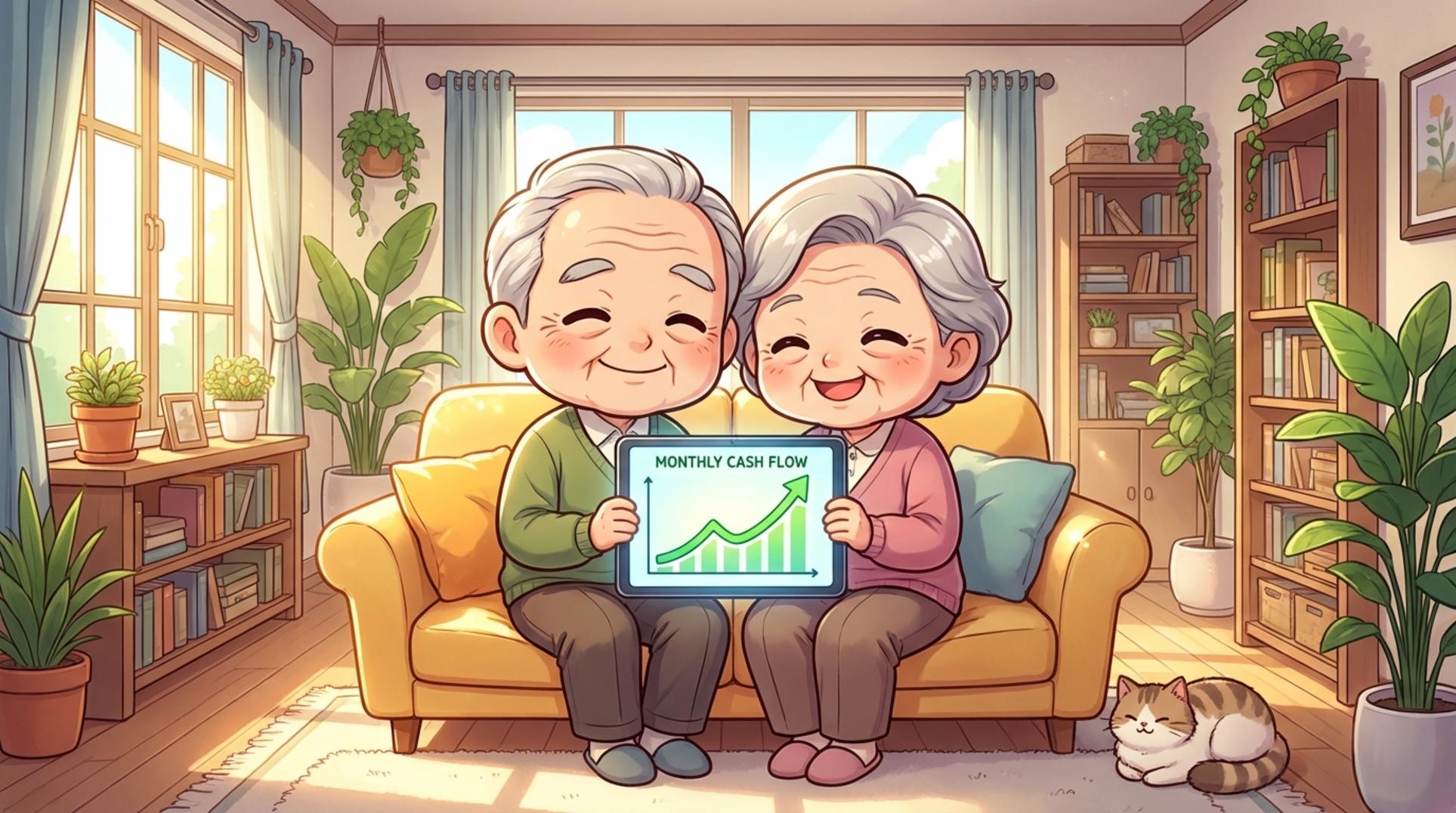 태블릿으로 성공적인 연금 인출 전략을 확인하며 미소짓는 노부부