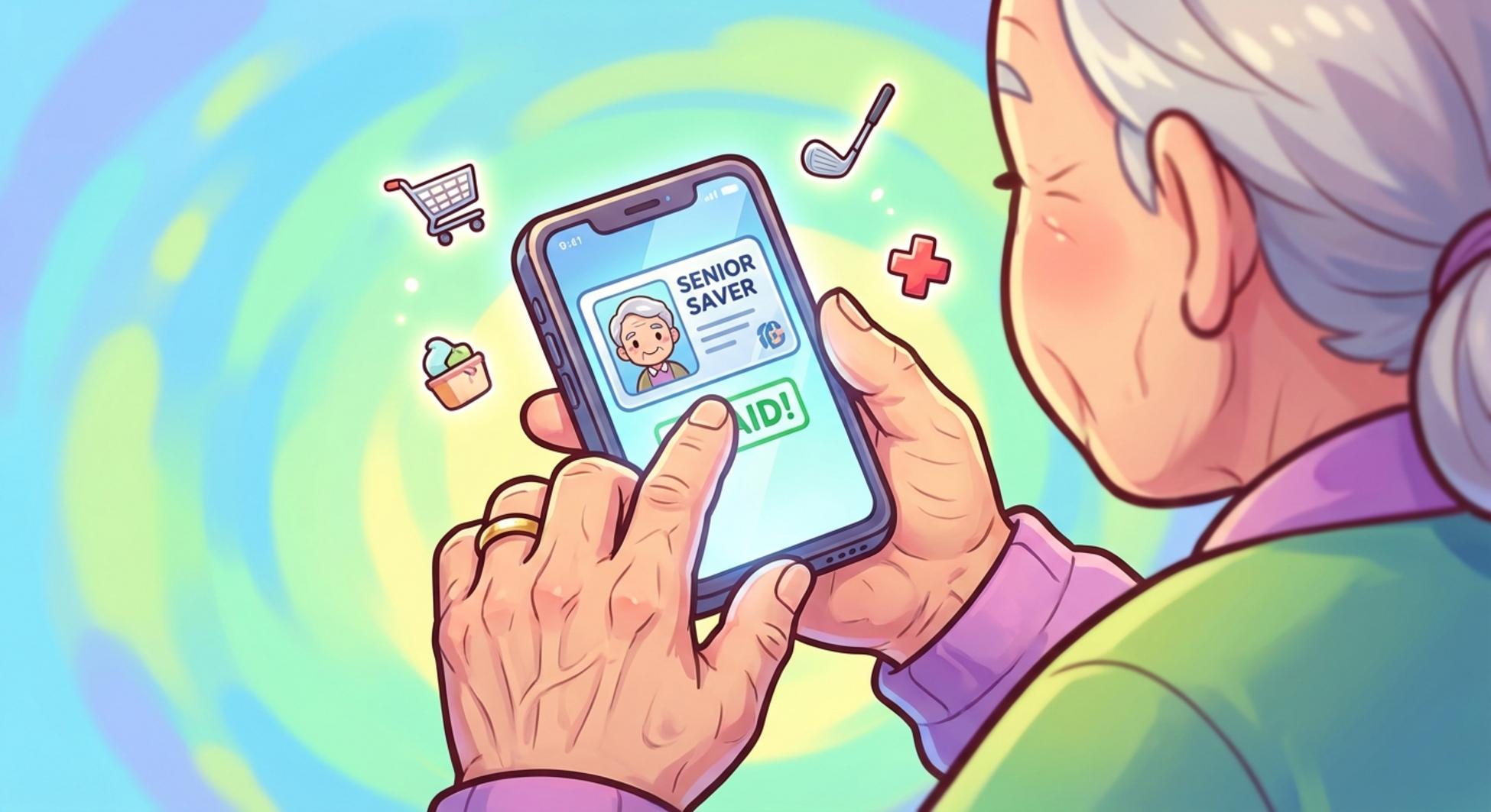 스마트폰으로 시니어 카드를 이용해 간편 결제하는 손 클로즈업