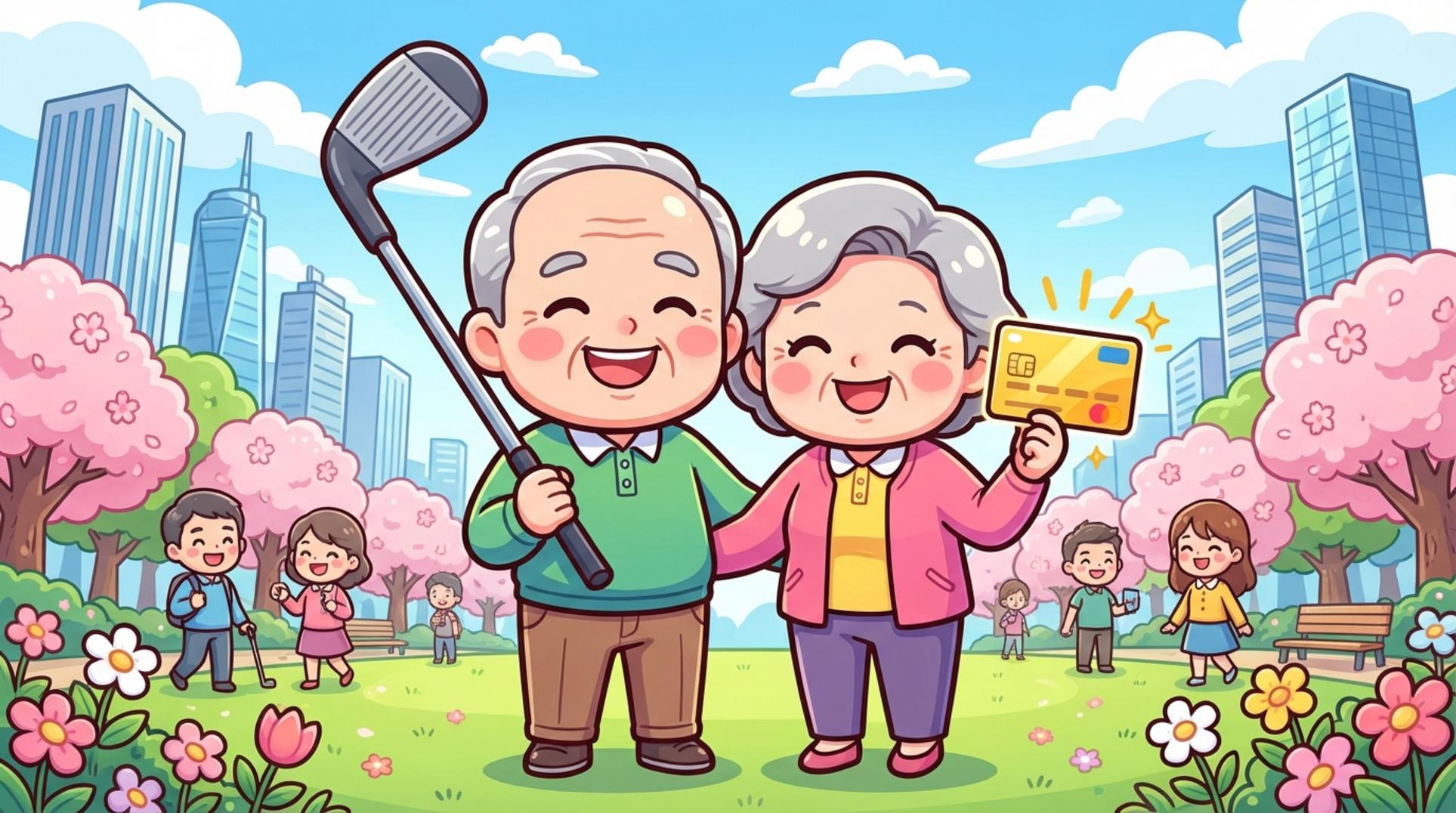 활짝 웃는 액티브 시니어 커플이 시니어 카드와 파크골프채를 들고 있는 모습