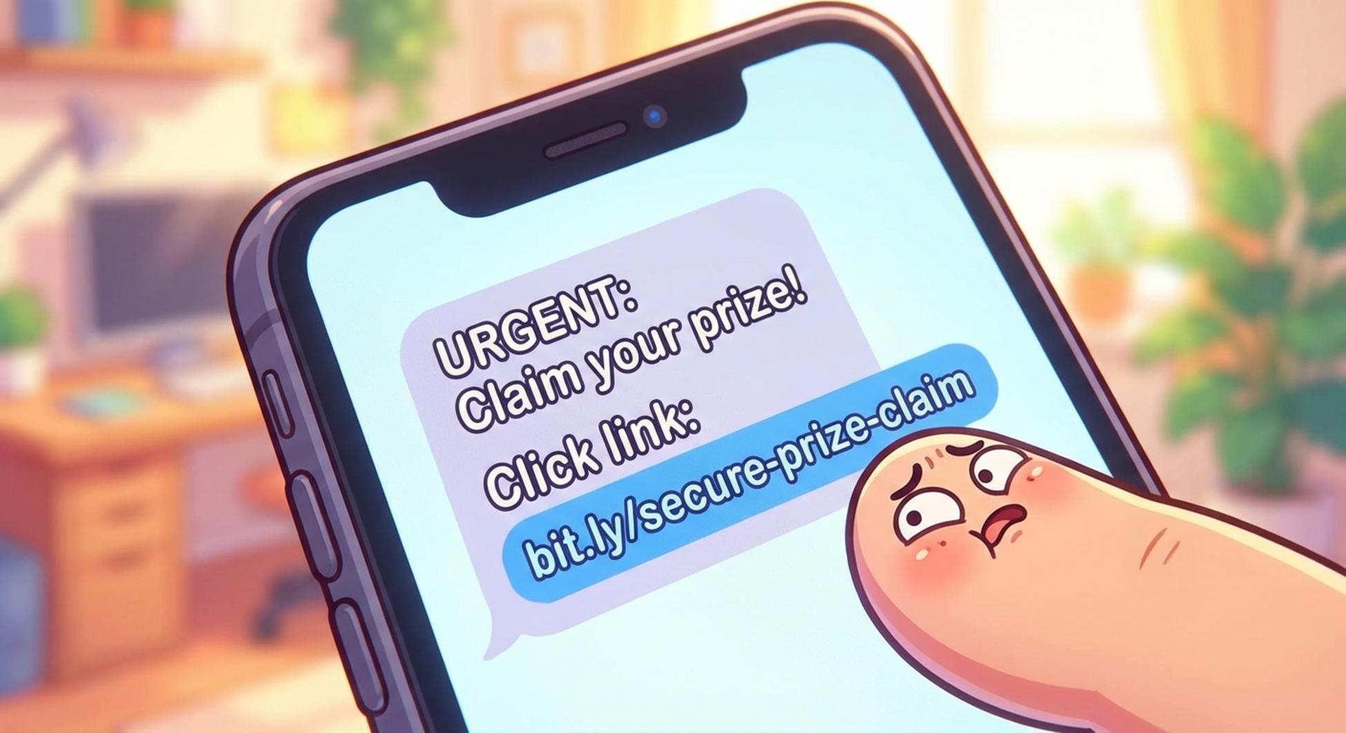 스마트폰으로 온 스미싱 문자의 링크를 누르기 직전의 손가락