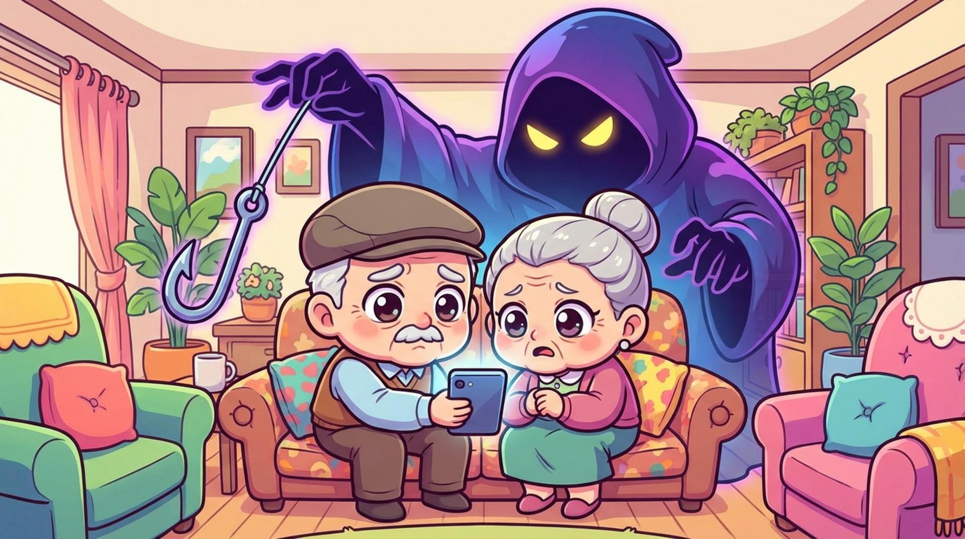 스마트폰을 보며 노후자금사기를 걱정하는 노부부