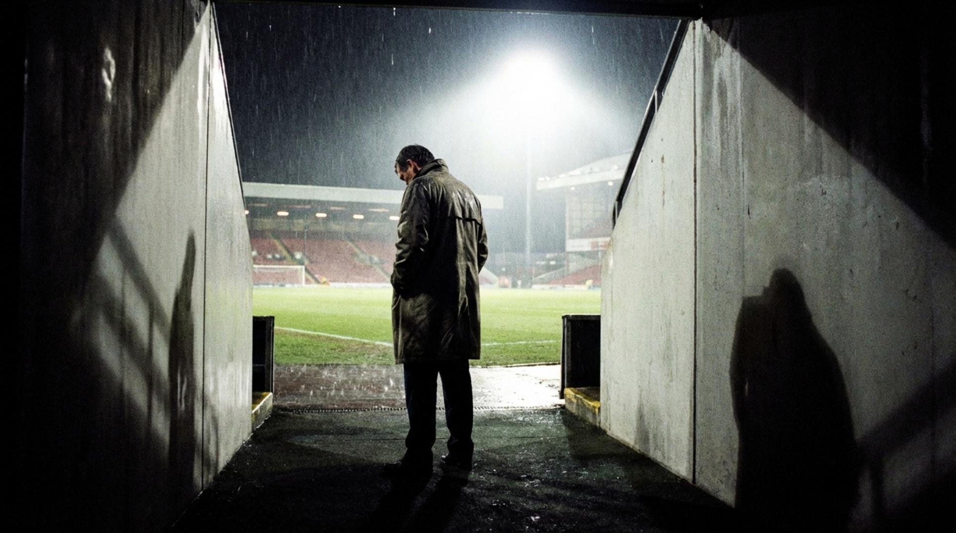 고뇌에 빠진 축구 감독이 텅 빈 경기장을 바라보는 모습