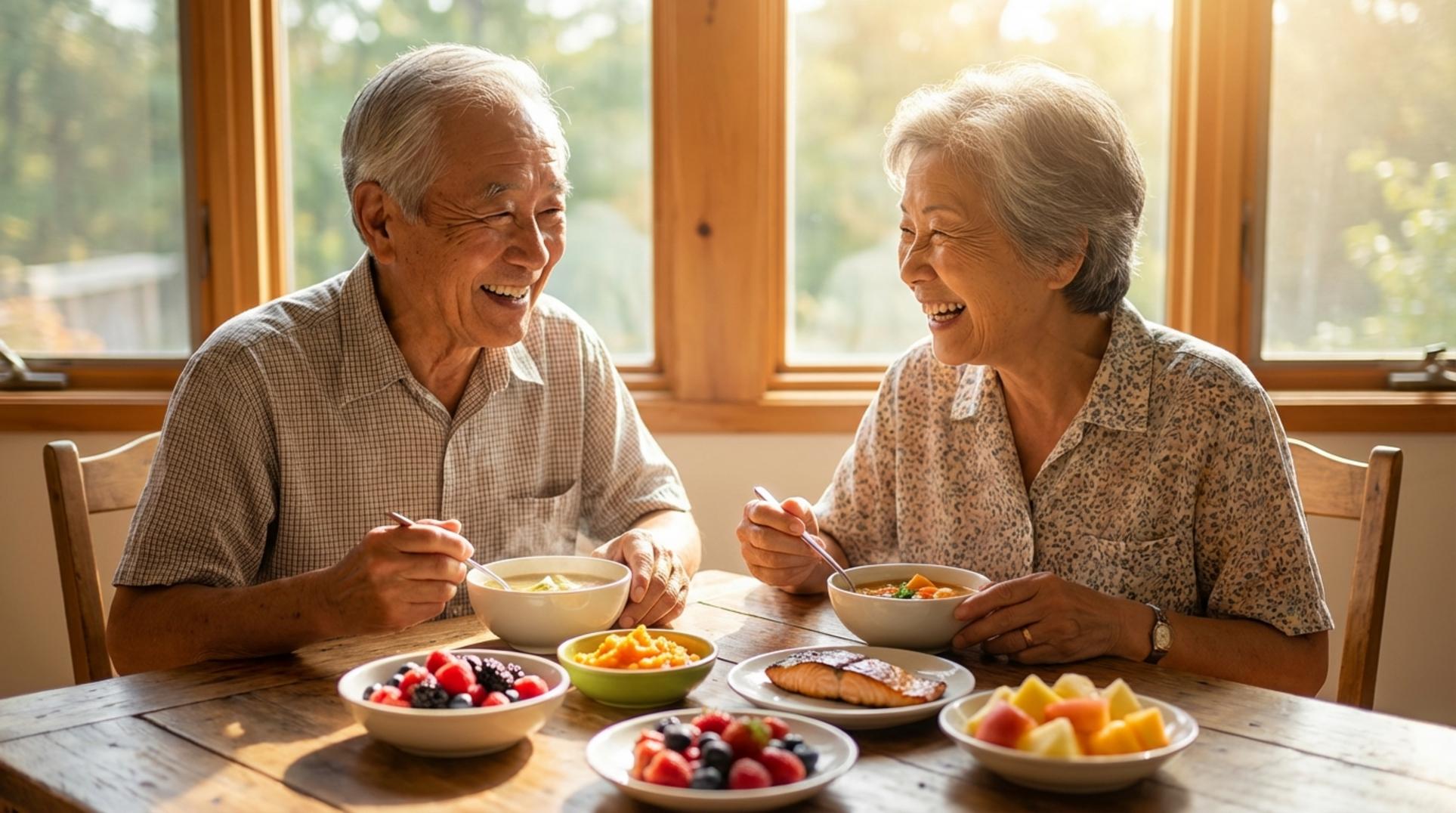 건강하고 맛있는 고령친화식품을 즐기는 노인