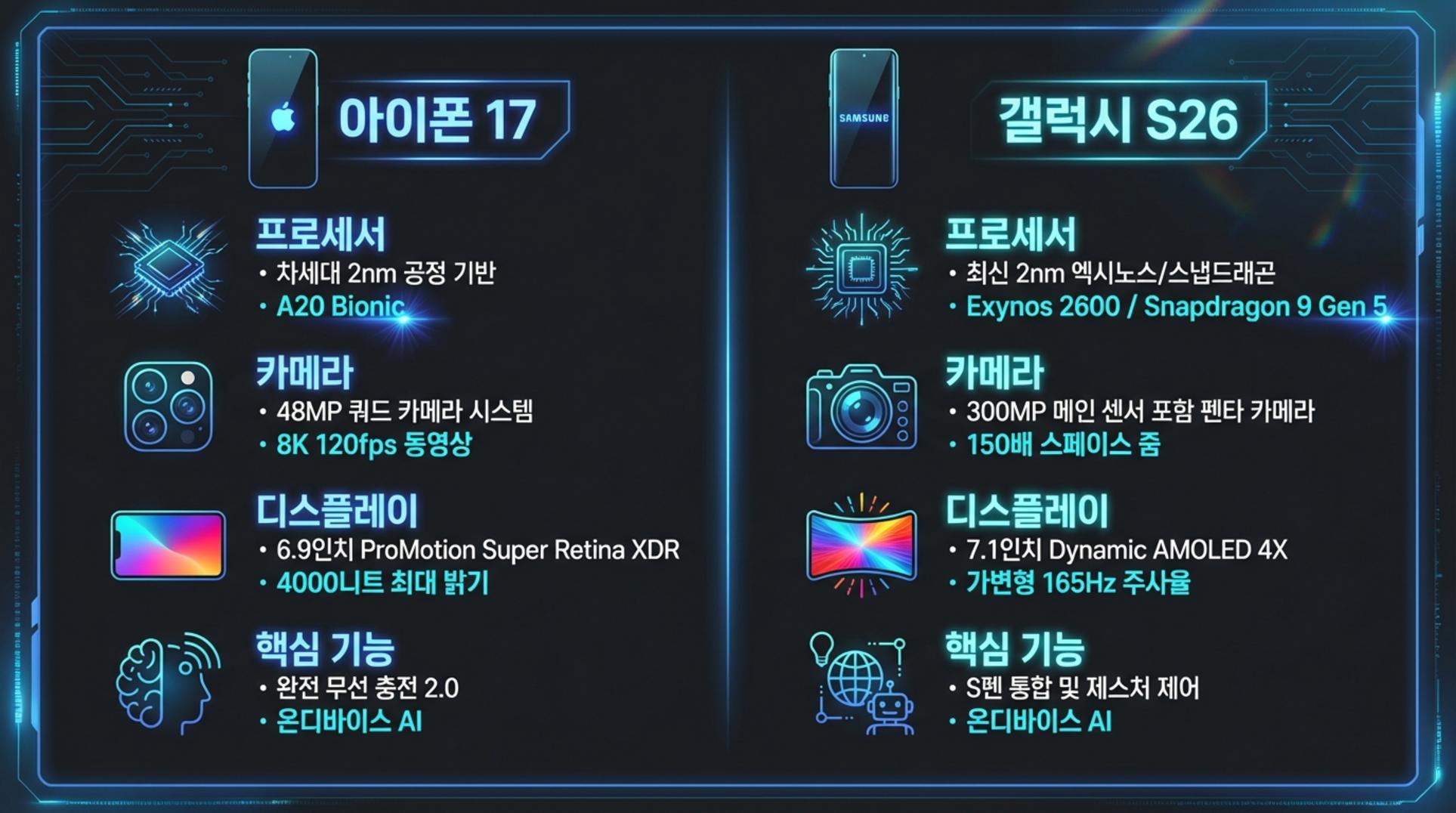 아이폰 17과 갤럭시 S26의 핵심 스펙 비교 인포그래픽