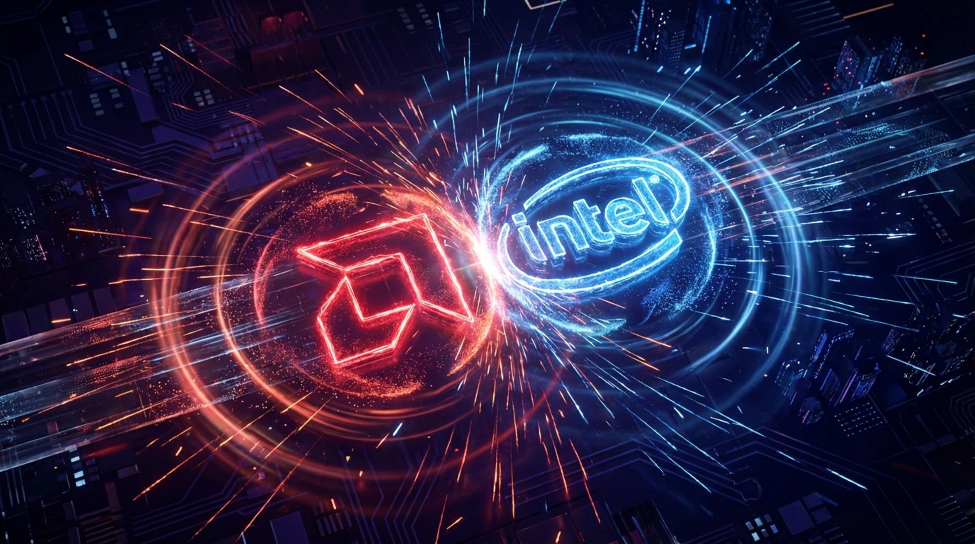 경쟁을 상징하는 AMD의 붉은색과 인텔의 푸른색 로고의 충돌