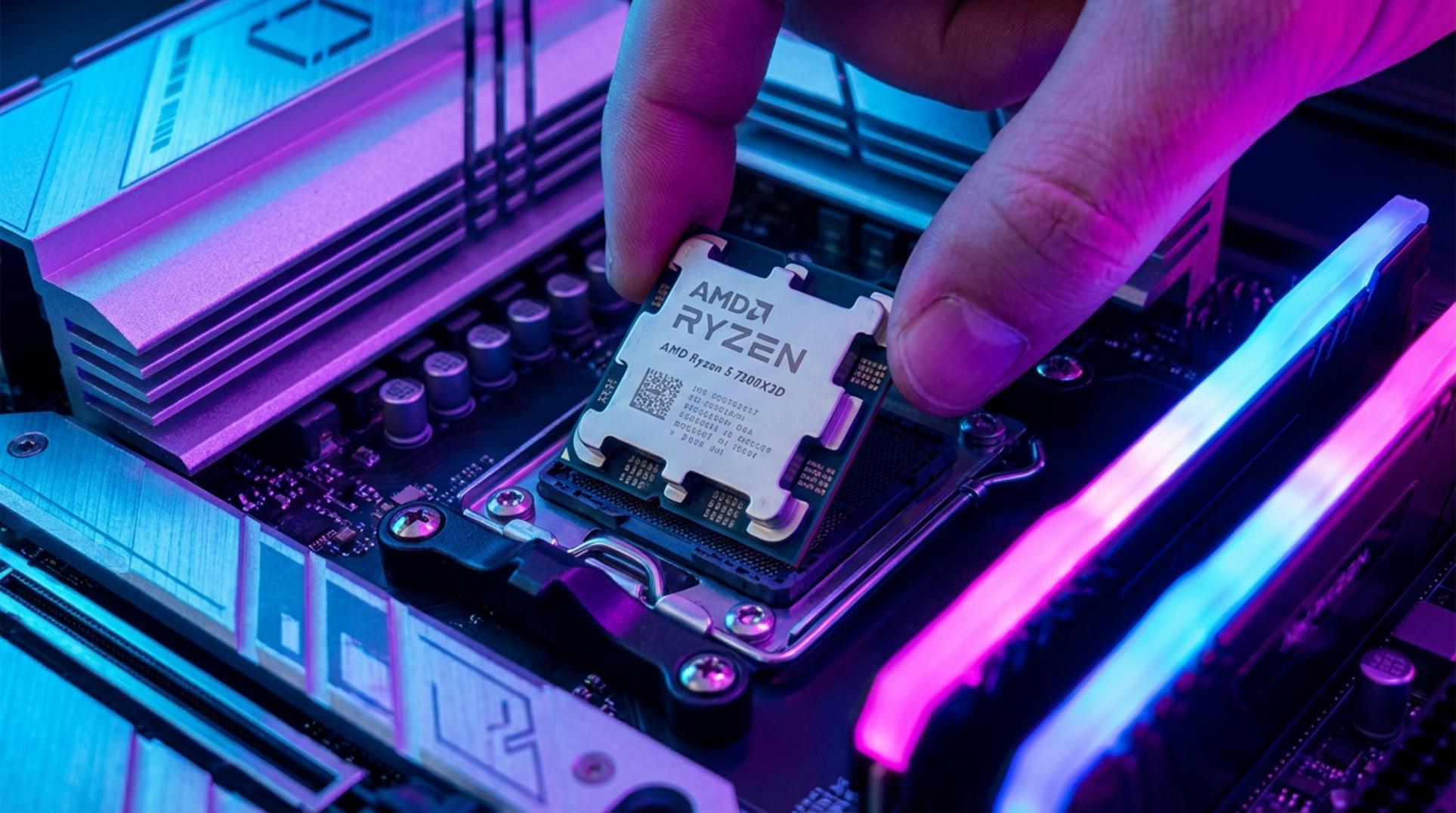 네온 불빛이 빛나는 메인보드에 장착된 AMD 라이젠 5 7500X3D CPU