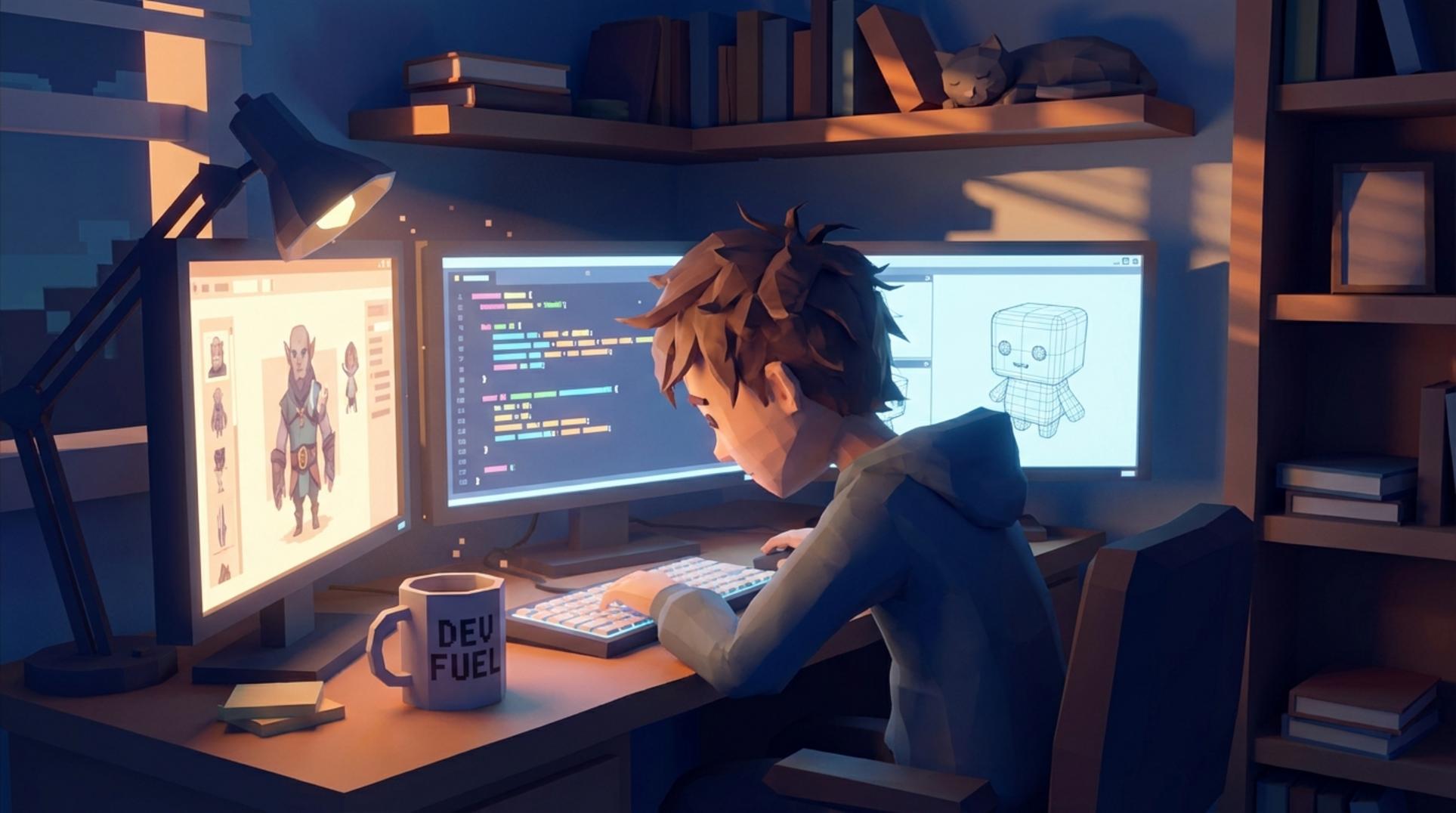 인디게임 개발자가 컴퓨터 앞에서 게임을 개발하는 모습