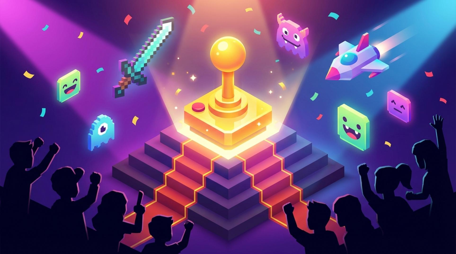 2026 인디플 어워즈를 상징하는 화려한 트로피와 게임 아이콘들