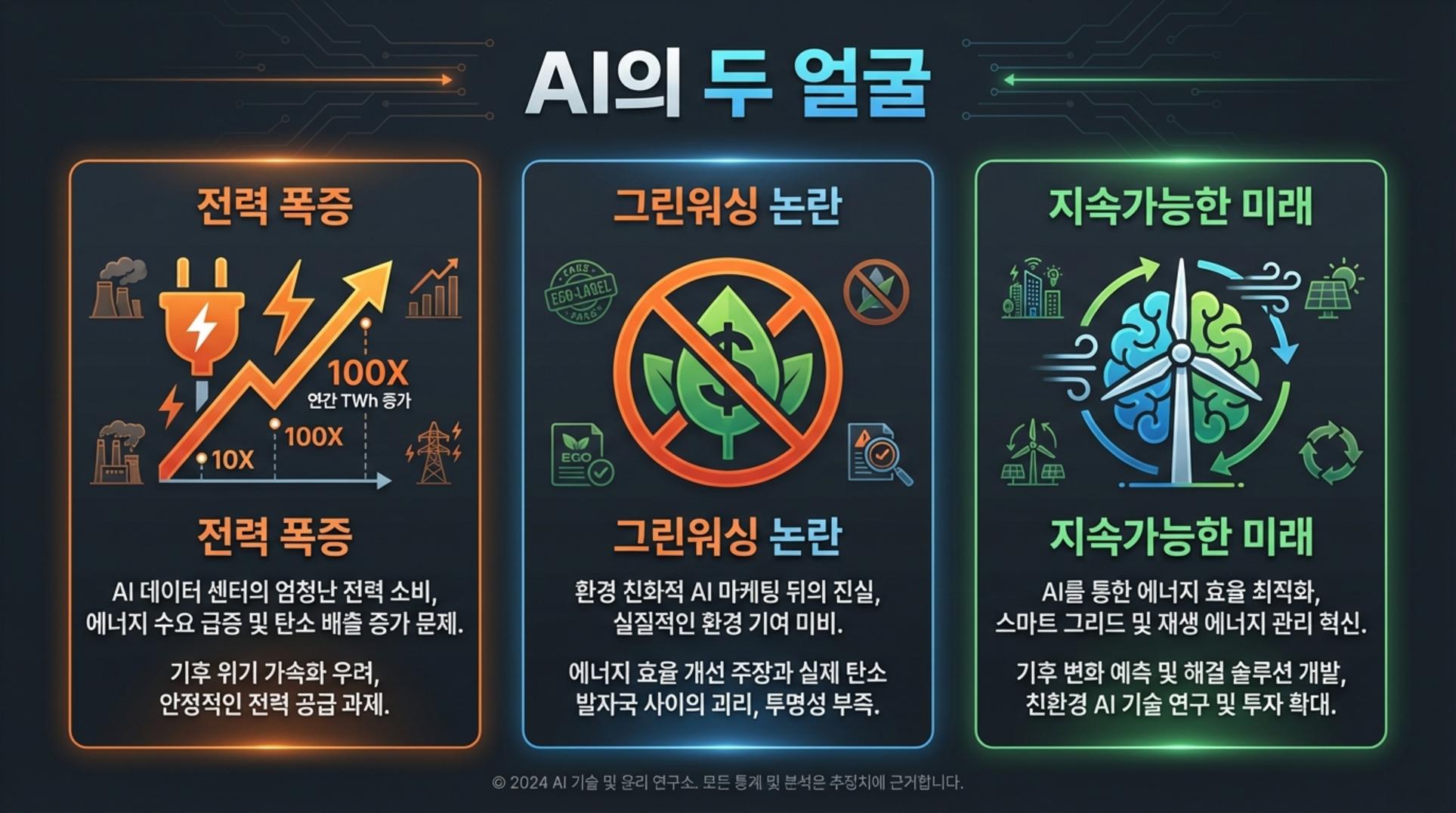 AI 전력 소비, 그린워싱 논란, 그리고 지속가능한 해결책에 대한 인포그래픽