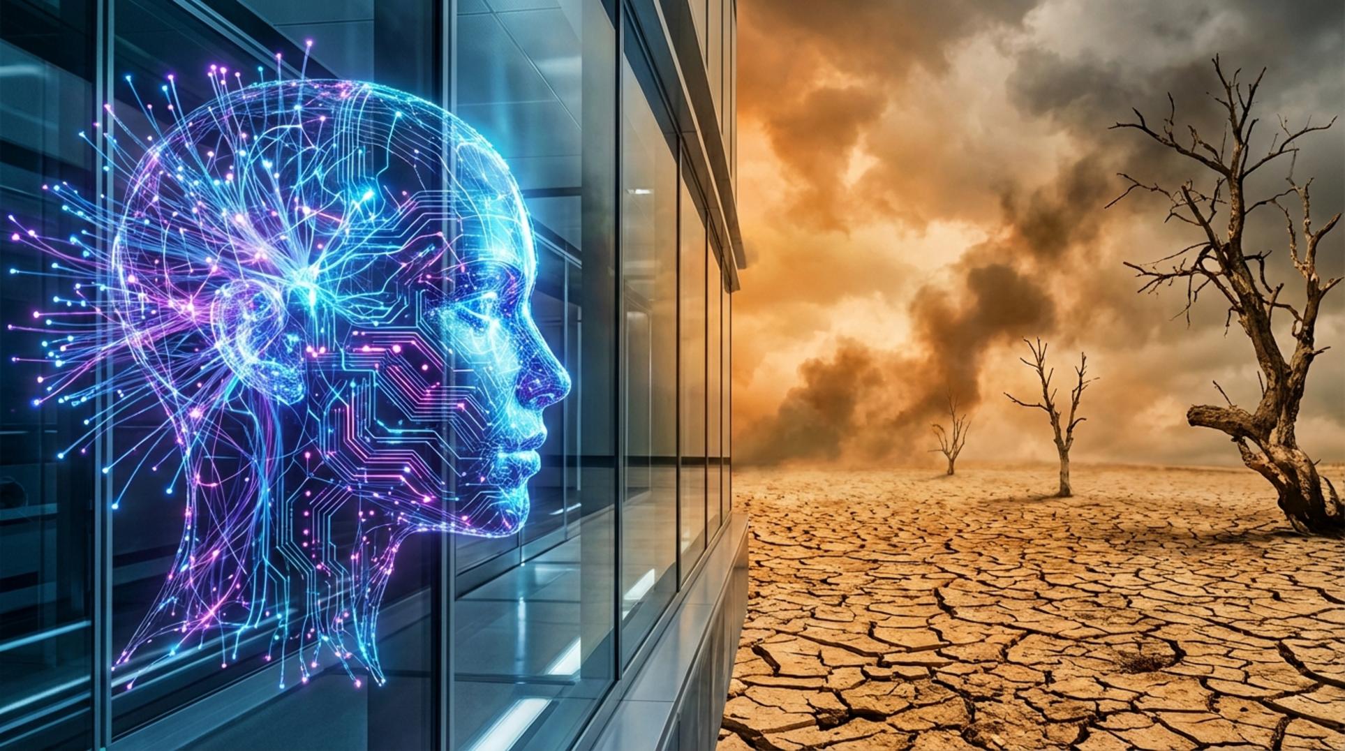 AI의 전력 소모와 환경 문제의 대립을 상징하는 이미지